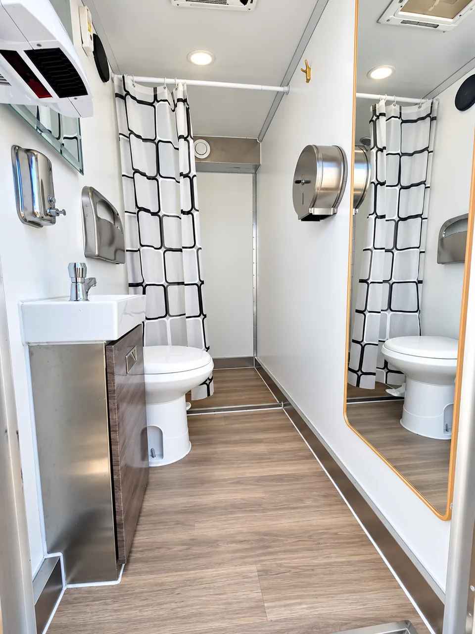 Interior of a 13-foot luxury shower-restroom combination trailer