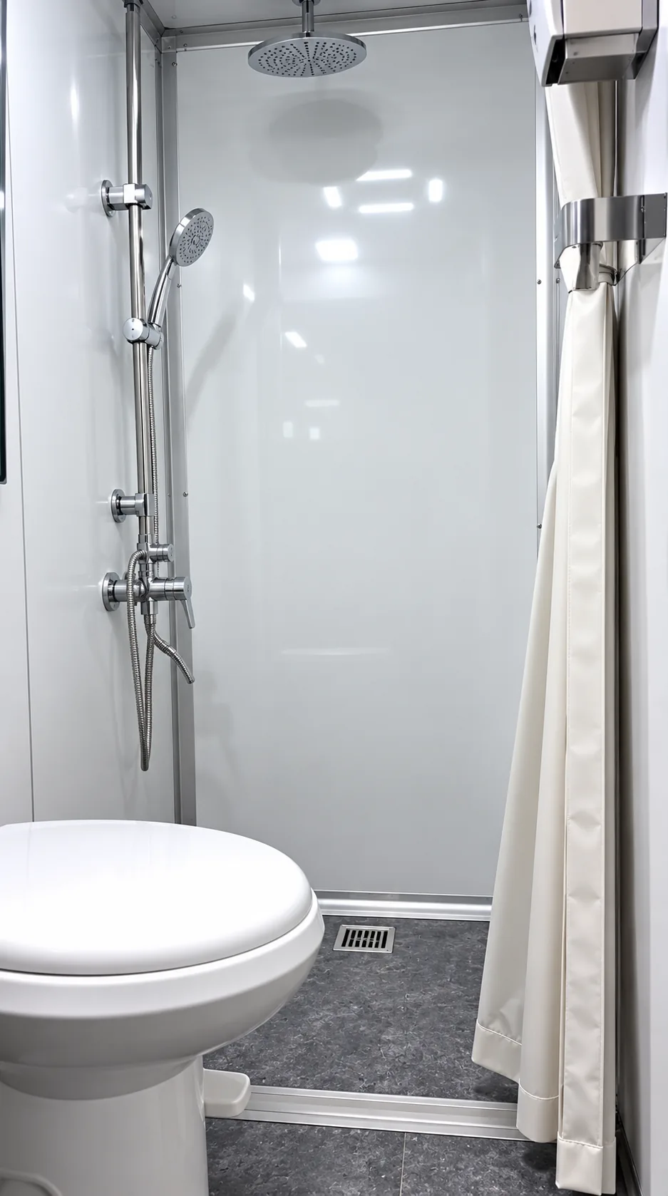 Interior of a 22-foot luxury shower-restroom combination trailer