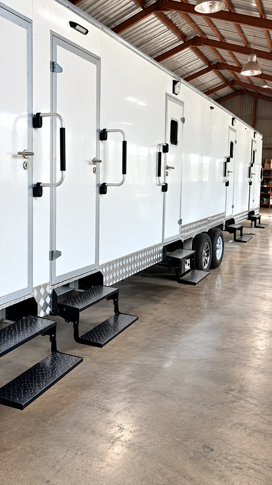 Private restroom compartment in a shower-restroom combination trailer