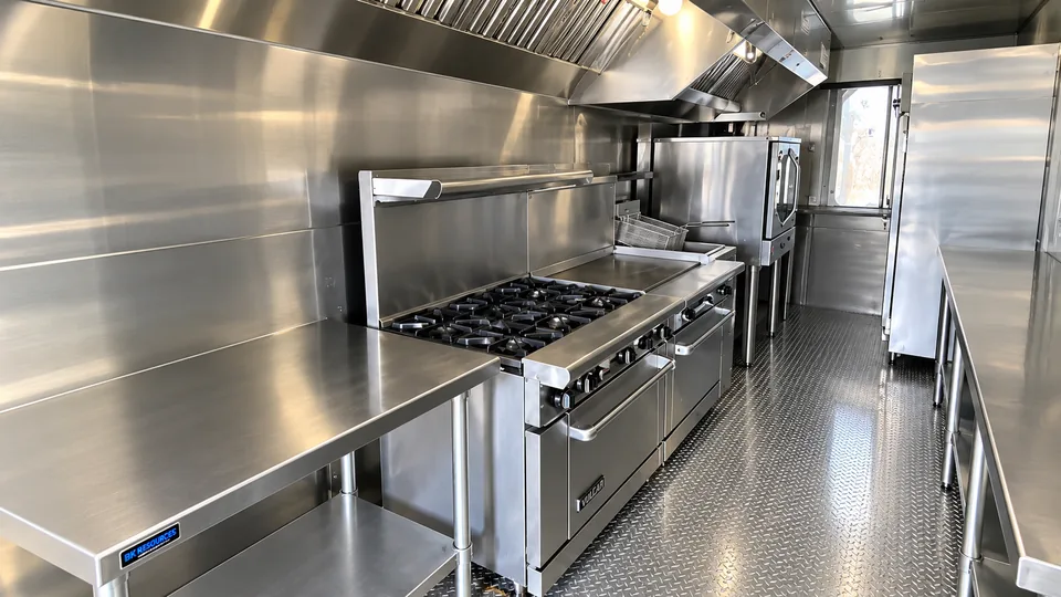 Commercial equipment inside a 28-foot mobile kitchen trailer