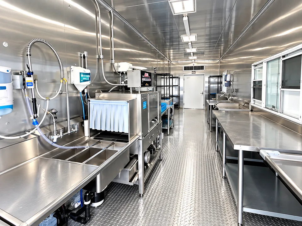 High-temperature conveyor dishwashing equipment inside a trailer