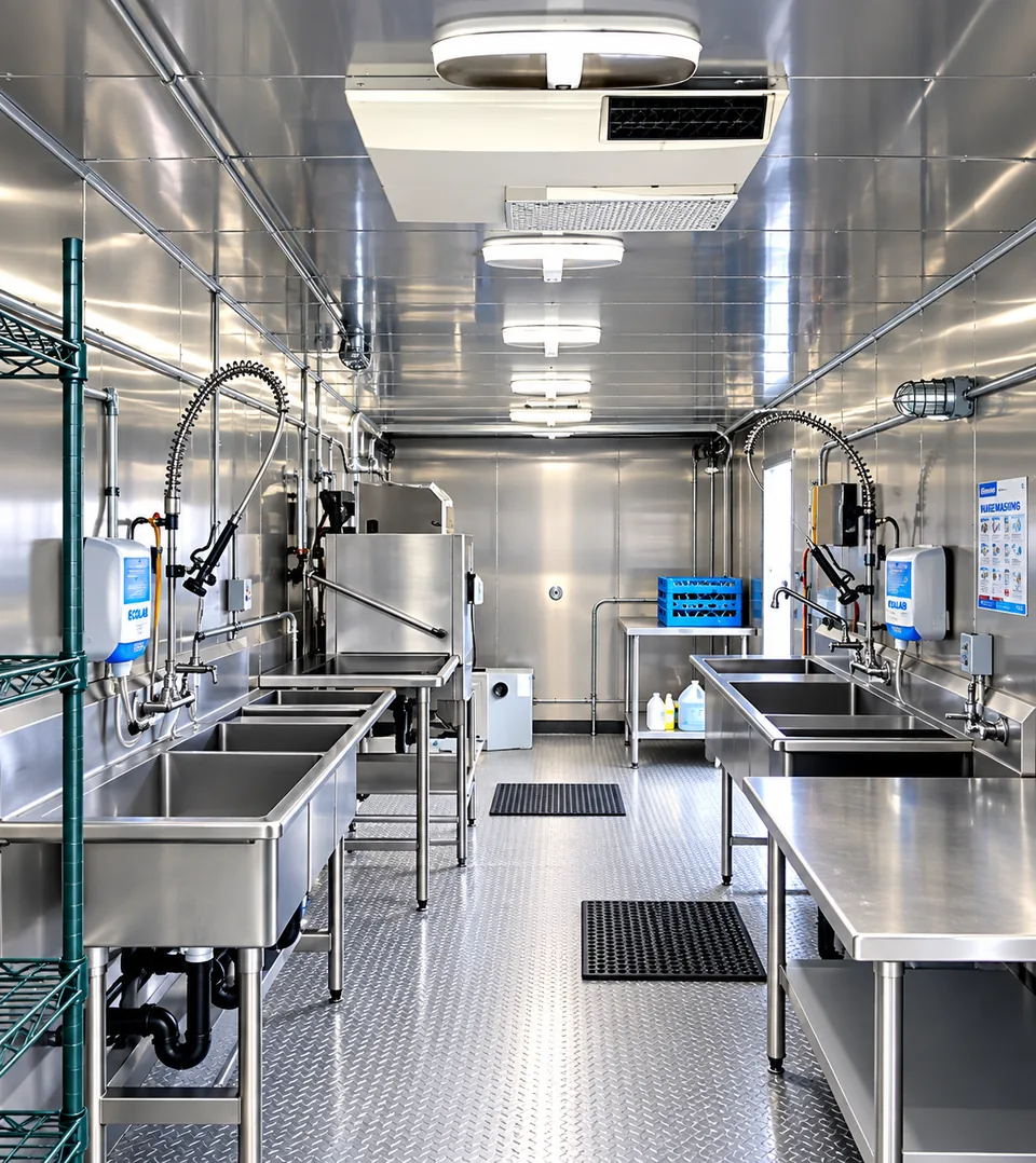 Dishwashing line inside a 38-foot low-temperature trailer