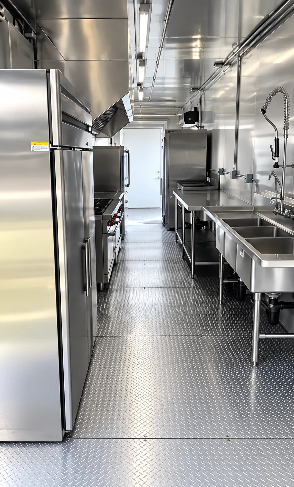 Commercial cooking line inside a 38-foot mobile kitchen trailer