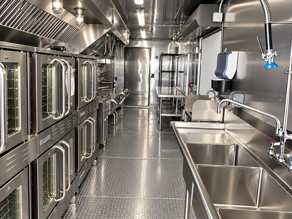 Equipment line inside a 40-foot bulk combination kitchen