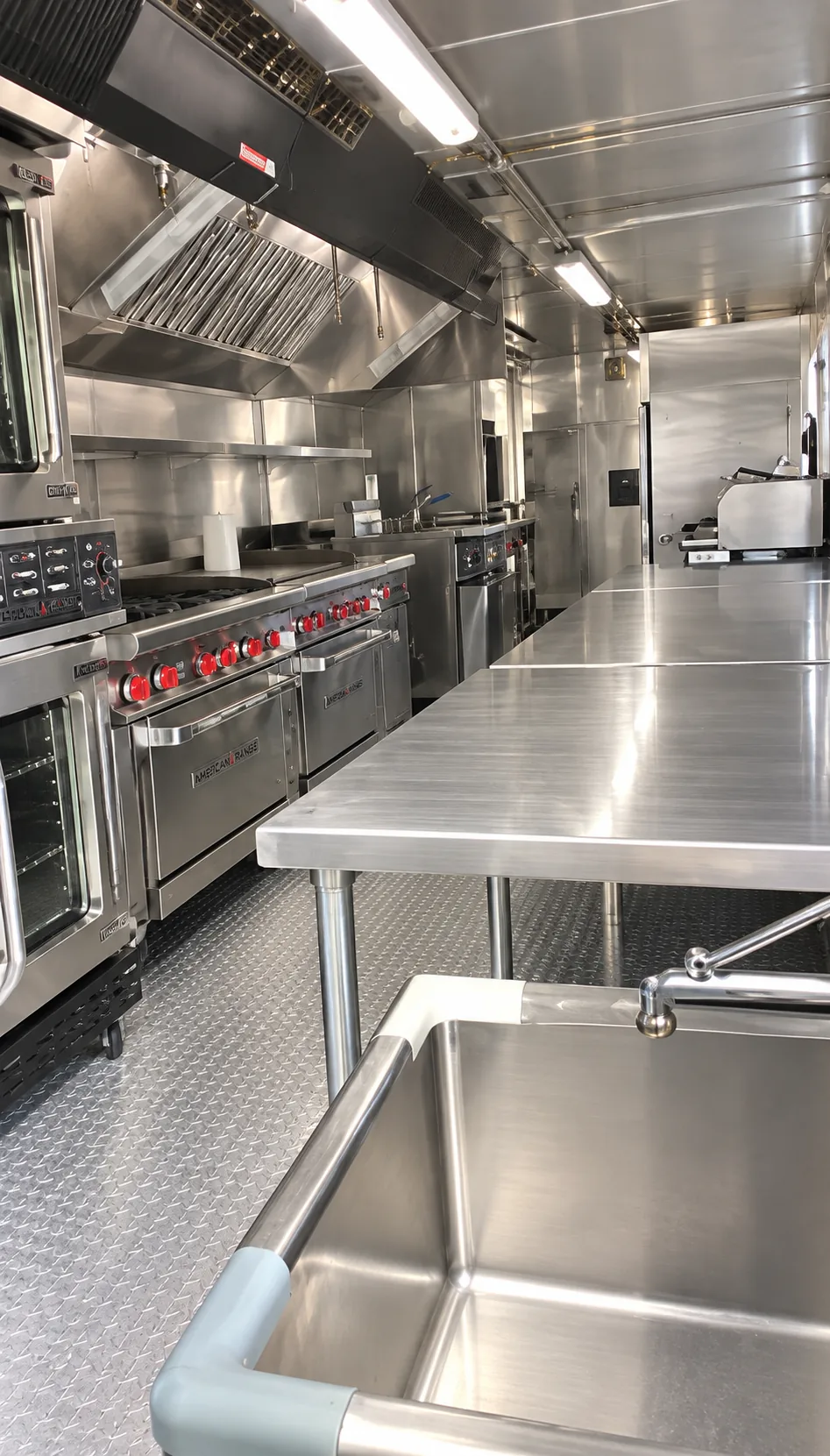 Commercial equipment inside a 40-foot mobile kitchen trailer