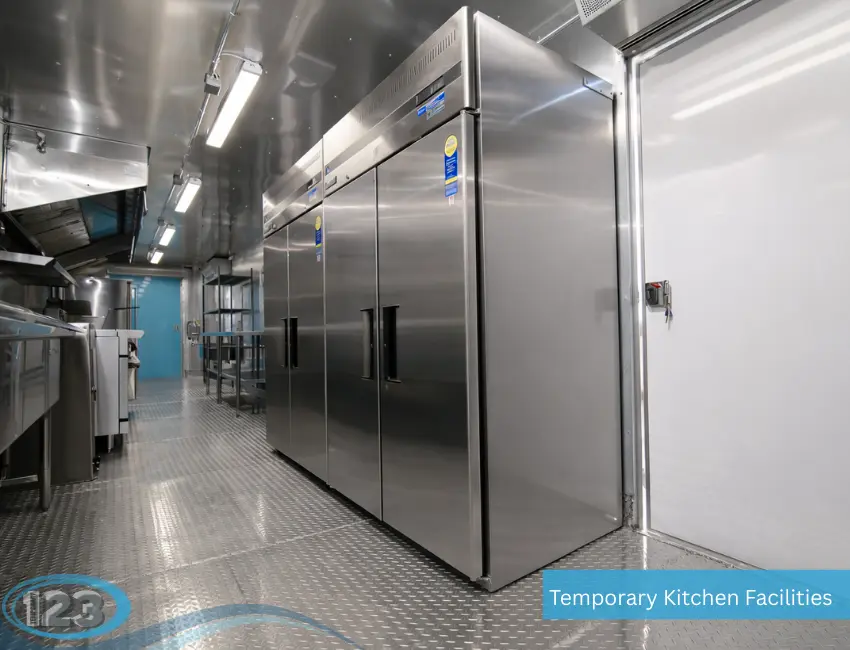 Large stainless steel commercial refrigerators lined up inside a temporary mobile kitchen trailer with diamond plate flooring.