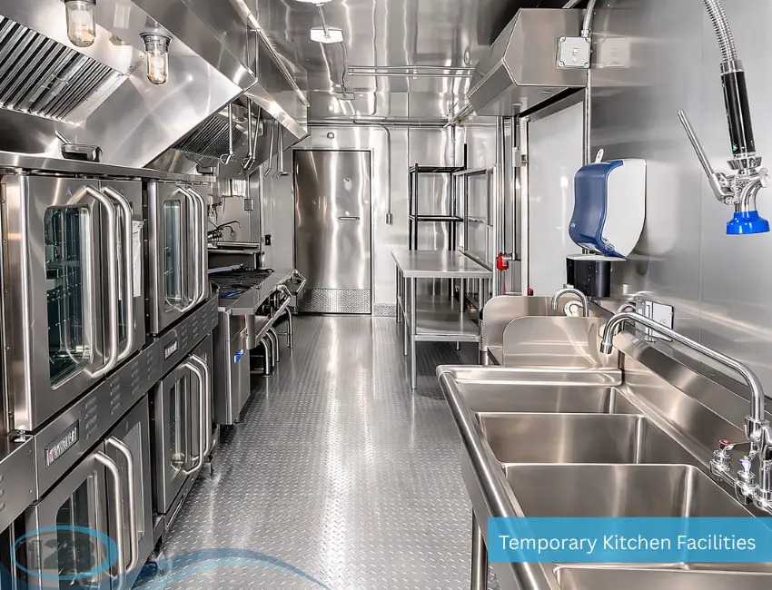 An interior view of a clean, commercial mobile kitchen trailer made entirely of stainless steel, featuring ovens, a stove, a multi-compartment sink, and prep tables.