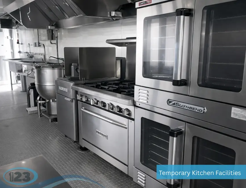 An interior row of commercial stainless steel appliances in a temporary kitchen facility, including a double-deck convection oven, a heavy-duty stove, and a large braising pan or kettle.