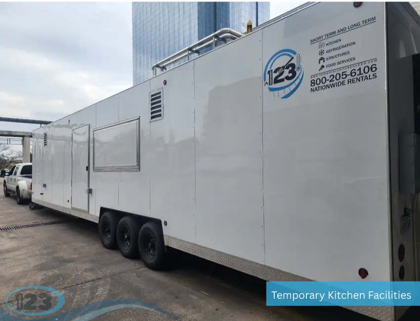 An exterior view of a large, white triple-axle mobile commercial kitchen trailer parked in an urban area, featuring "Temporary Kitchens 123" branding and a contact number on the side.