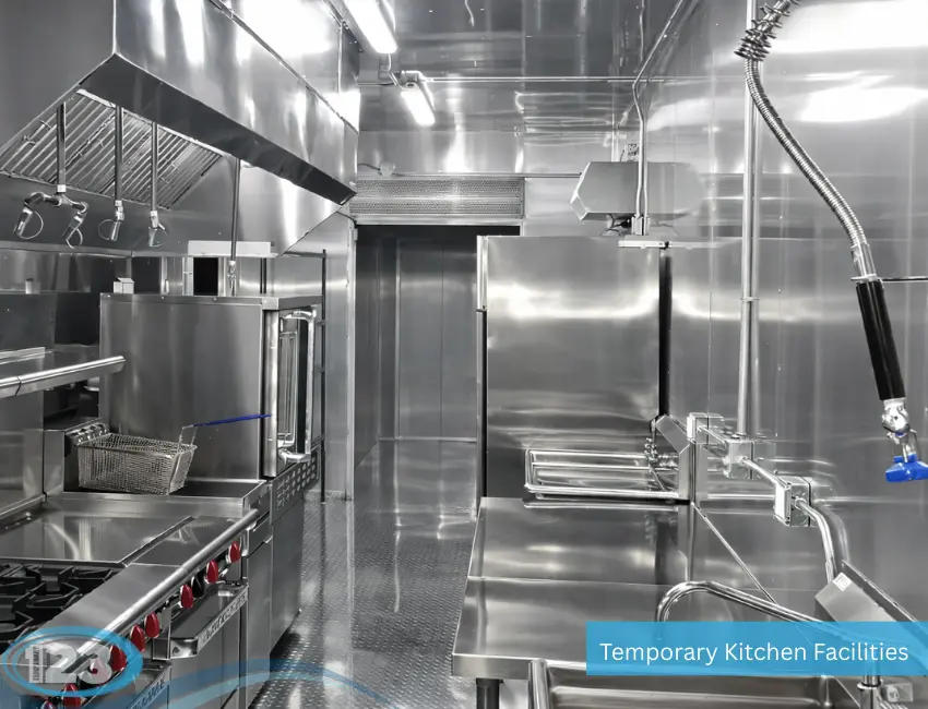 An interior view of a stainless steel temporary kitchen facility, showing a cooking line with a commercial stove and fryer on the left, and prep counters with a sink on the right.